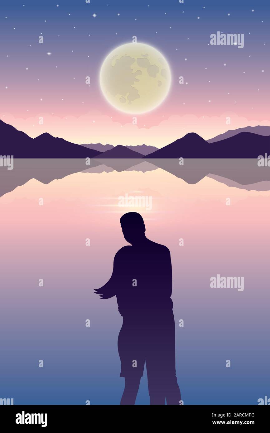 Romantic Night Couple In Love At The Sea With Full Moon And Starry Sky Vector Illustration Eps10 Stock Vector Image Art Alamy