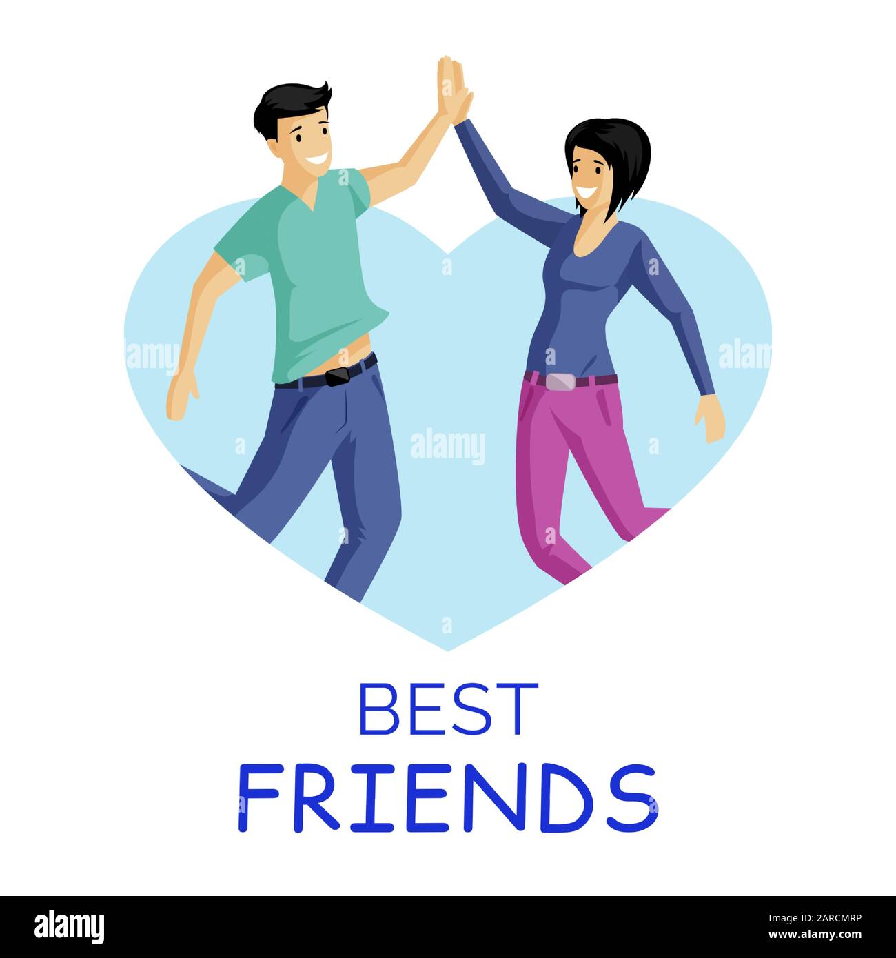 Best friends, smiling people flat vector illustration. Man and woman giving  high five in heart shaped frame. Positive emotions, friendship, young  couple cartoon characters isolated on white background Stock Vector Image &