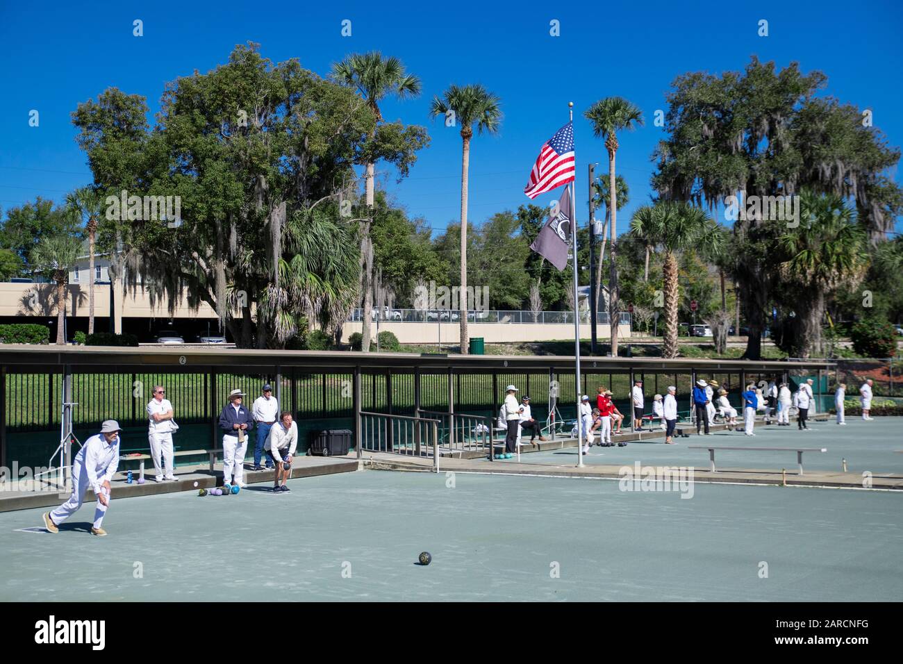 Competition in progress at the Mount Dora Lawn Bowling Club. Stock Photo