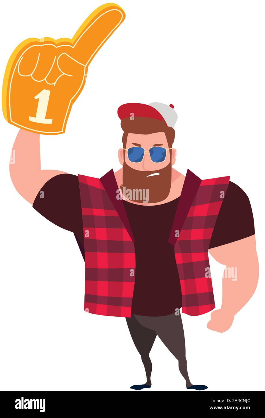 man holding a hand glove with number 1 fan, yellow foam finger vector