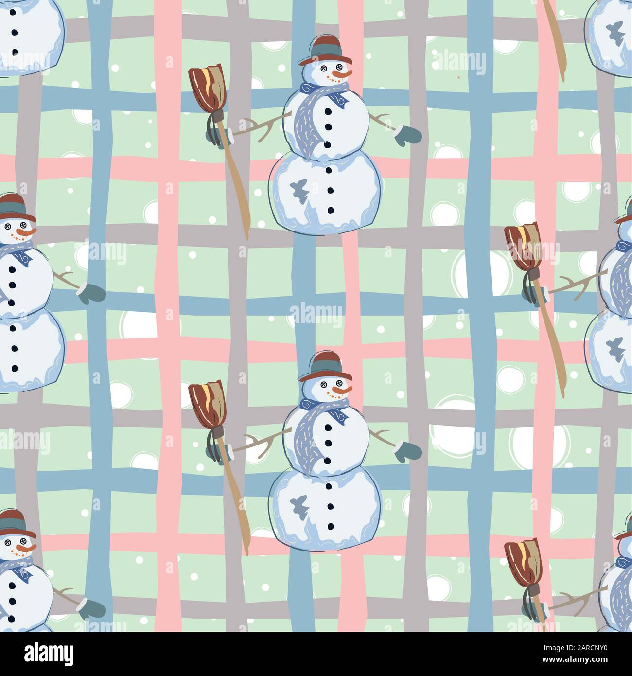 Seamless pattern with hand drawn snowman. Vector Illustration Stock Vector