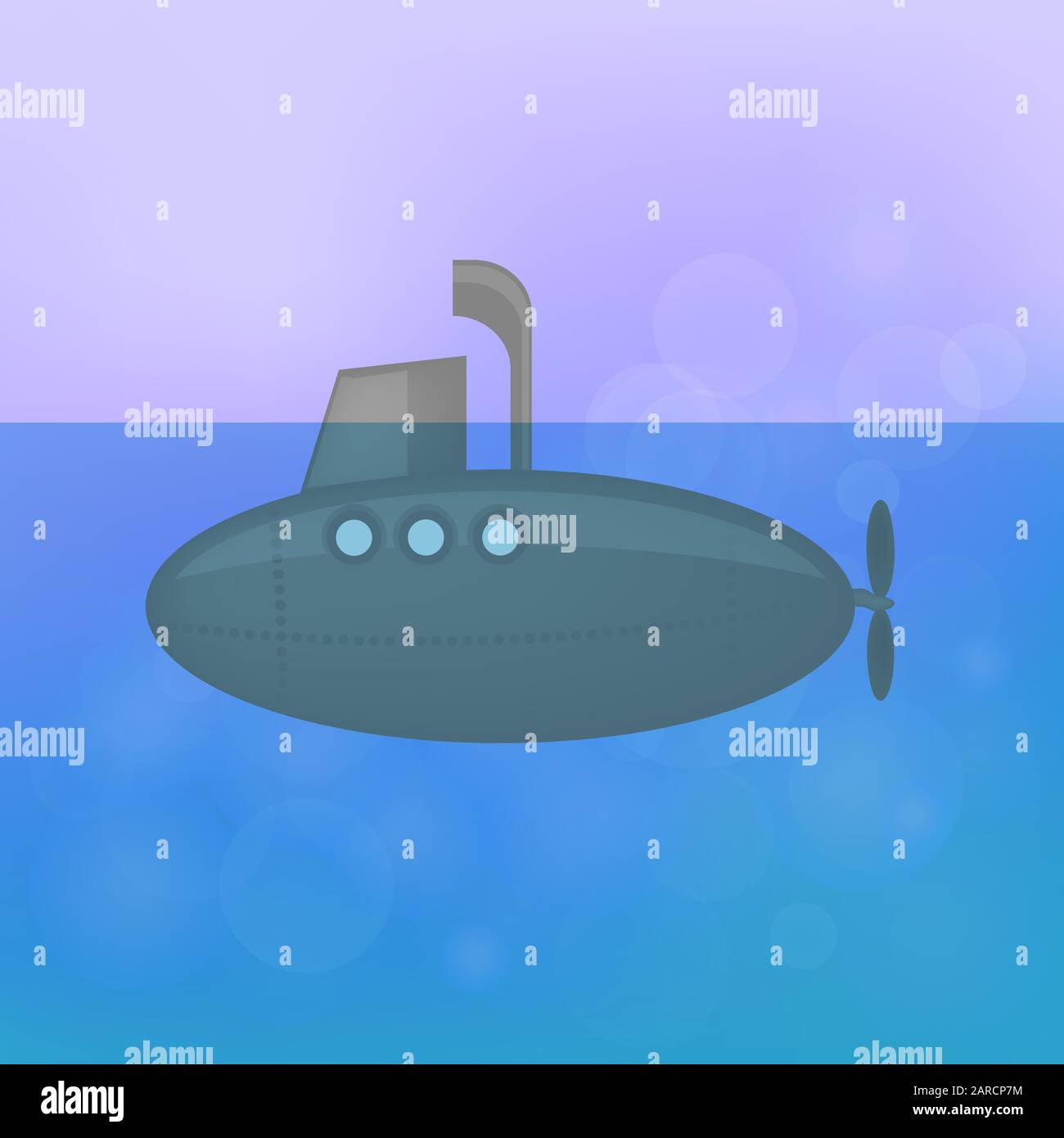 Grey Submarine Sails on Blue Pink Blurred Background Stock Vector