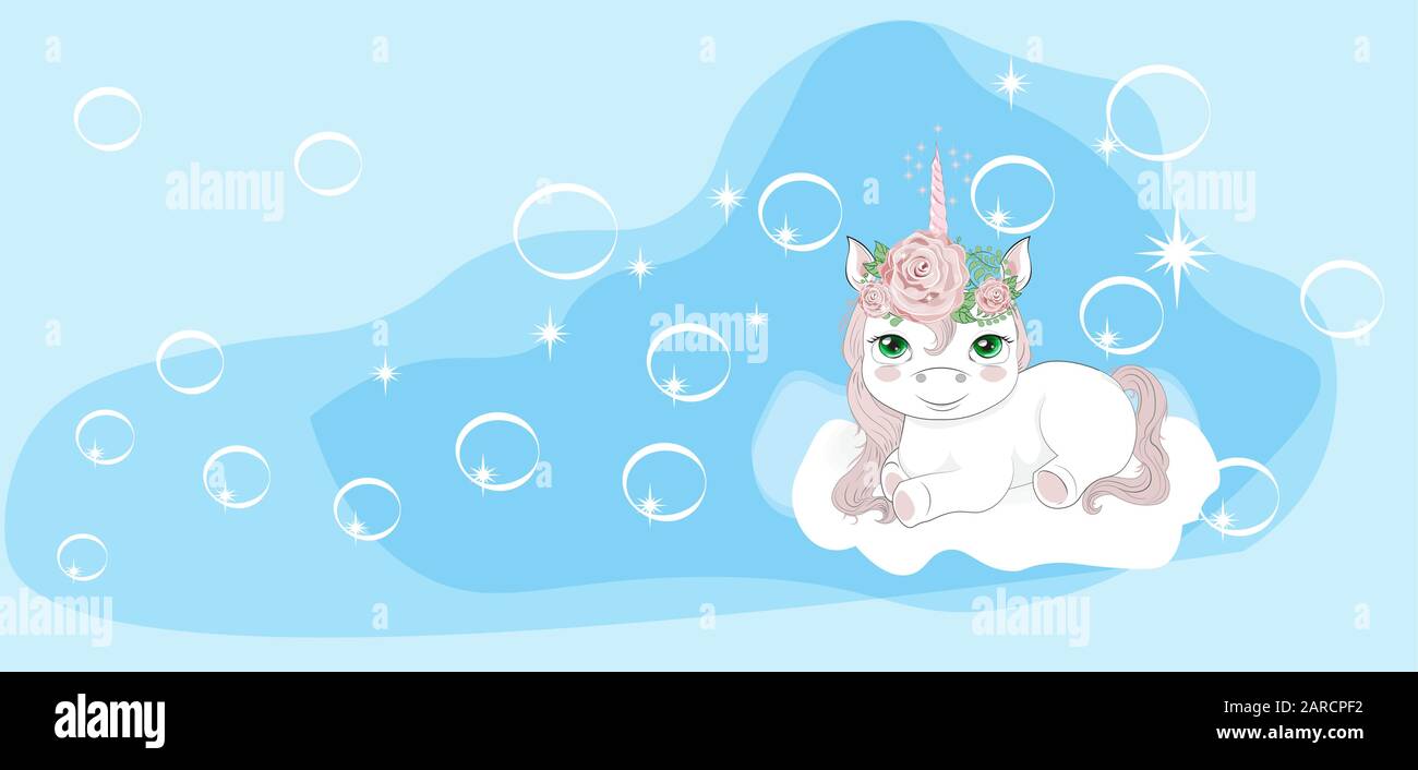 princess unicorn on cloud in sky with bubbles. Picture in hand drawing cartoon style, for t-shirt wear fashion print design, greeting card, postcard. Stock Vector