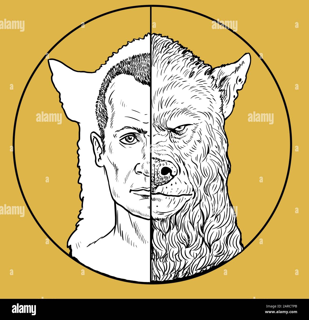 Man turns into a werewolf. Two sides of the soul. Monster silhouette illustration. Stock Photo