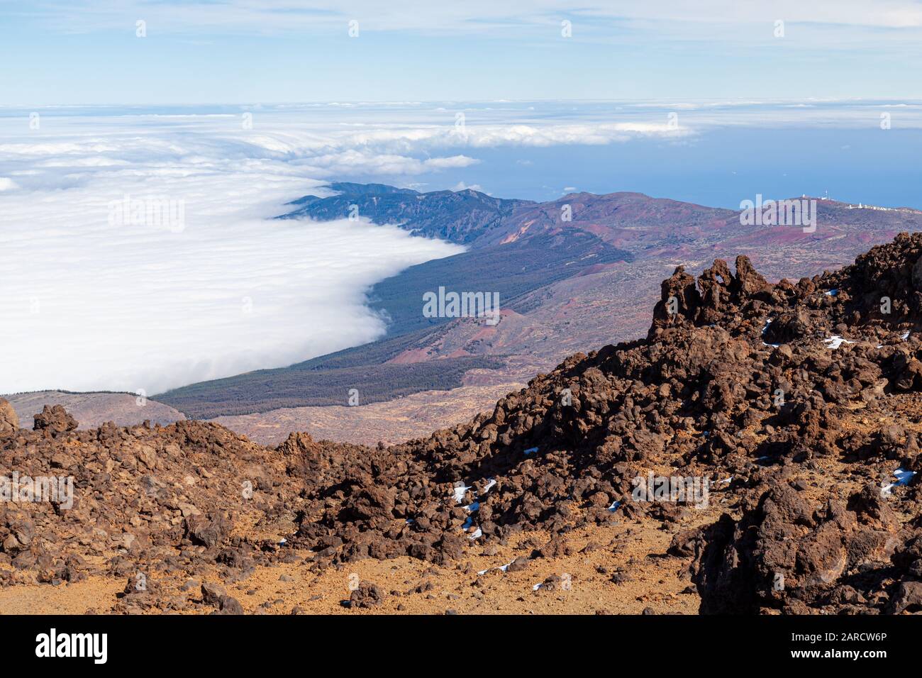 view from mountain top Mount Teide is a volcano on Tenerife in the Canary Islands, Spain. Its summit is the highest point in Spain Stock Photo