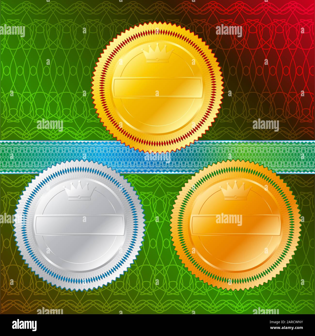 Gold, silver, bronze Medals and Ribbon with a protective pattern-guilloche; Eps8; Line patterns are unfilled lines with variable thickness Stock Vector