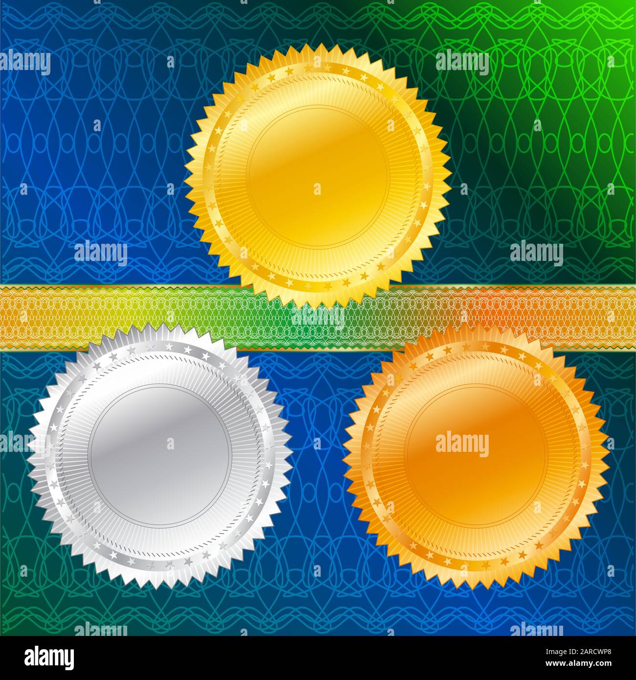 Gold, silver, bronze Medals and Ribbon with a protective pattern-guilloche; Eps8; Line patterns are unfilled lines with variable thickness Stock Vector