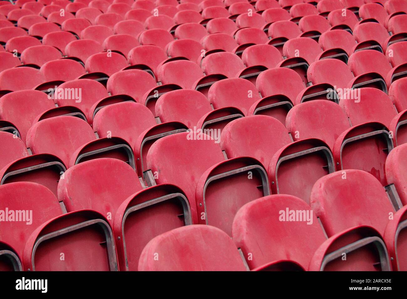 Empty red plastic  seating, Scotland Stock Photo