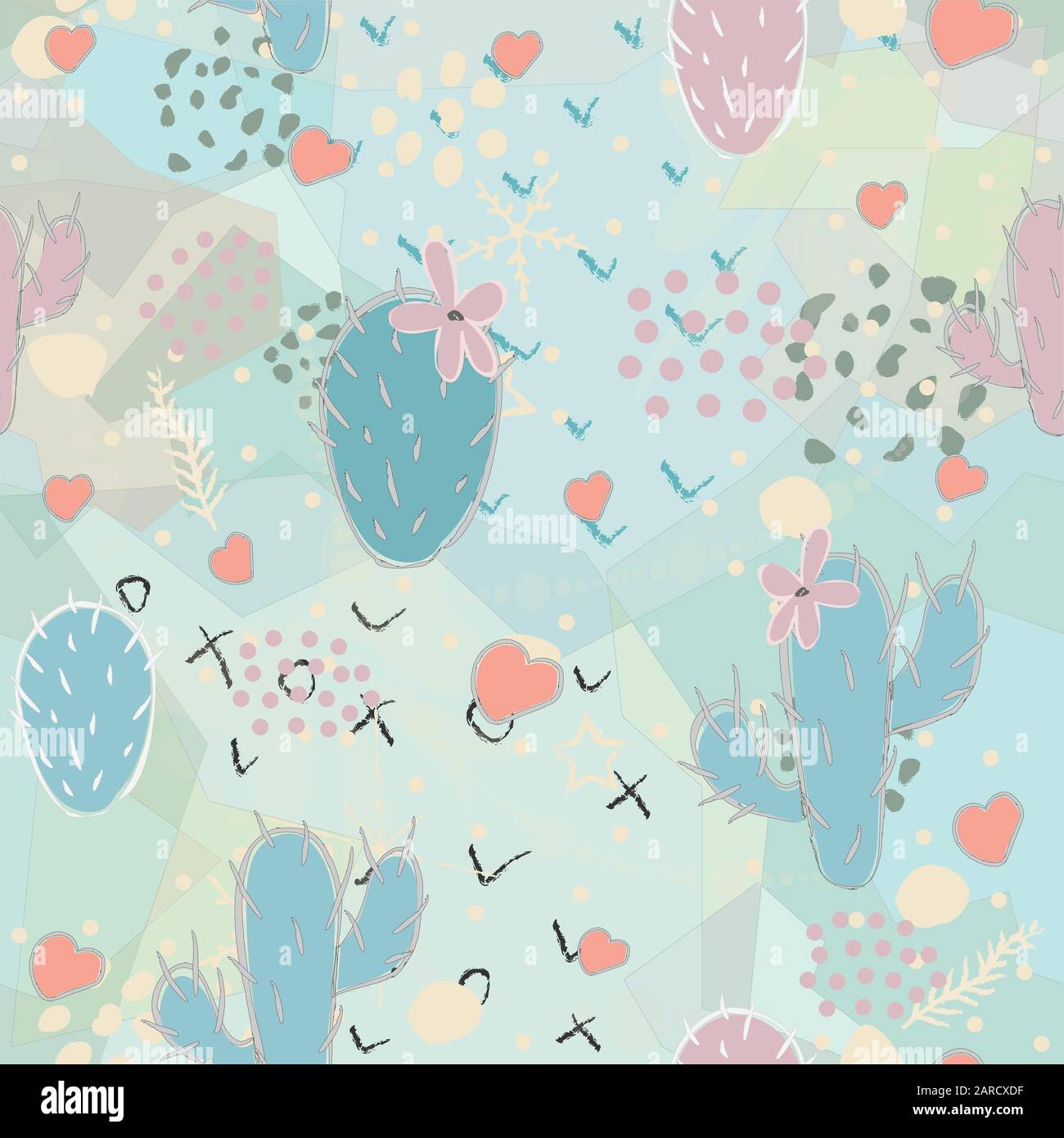 Cute seamless pattern with cacti and hearts on white background. Vector ...