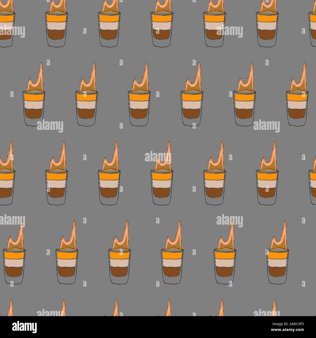 B52 Cocktail seamless pattern. Hand drawing sketch outlines on grey background can be printed on textile, wallpaper, wrapping paper, greeting cards, used in logo, banner, landing page. Vector Illustration. EPS10 Stock Vector