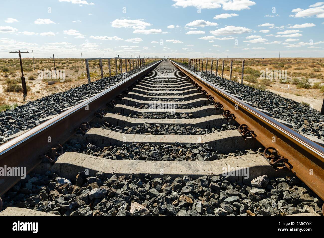 singletrack railway line, railway track in the steppe of Kazakhstan