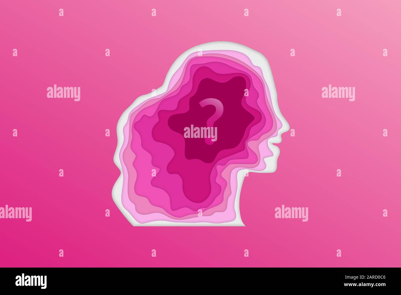 Thinking mind woman paper cut head silhouette vector art with question mark in soft pink calm colors. Psychology concept Stock Vector