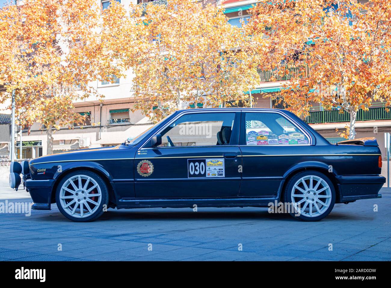 MONTMELO, SPAIN-NOVEMBER 30, 2019: BMW 3 Series (E30) two-door sedan (Second generation of BMW 3 Series), side view Stock Photo