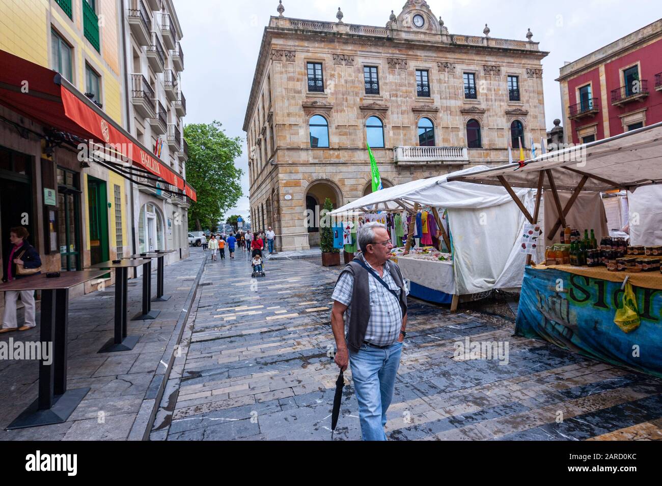 Food market in Plaza Mayor, Town Hall, Gijon, Asturias, Spain Stock