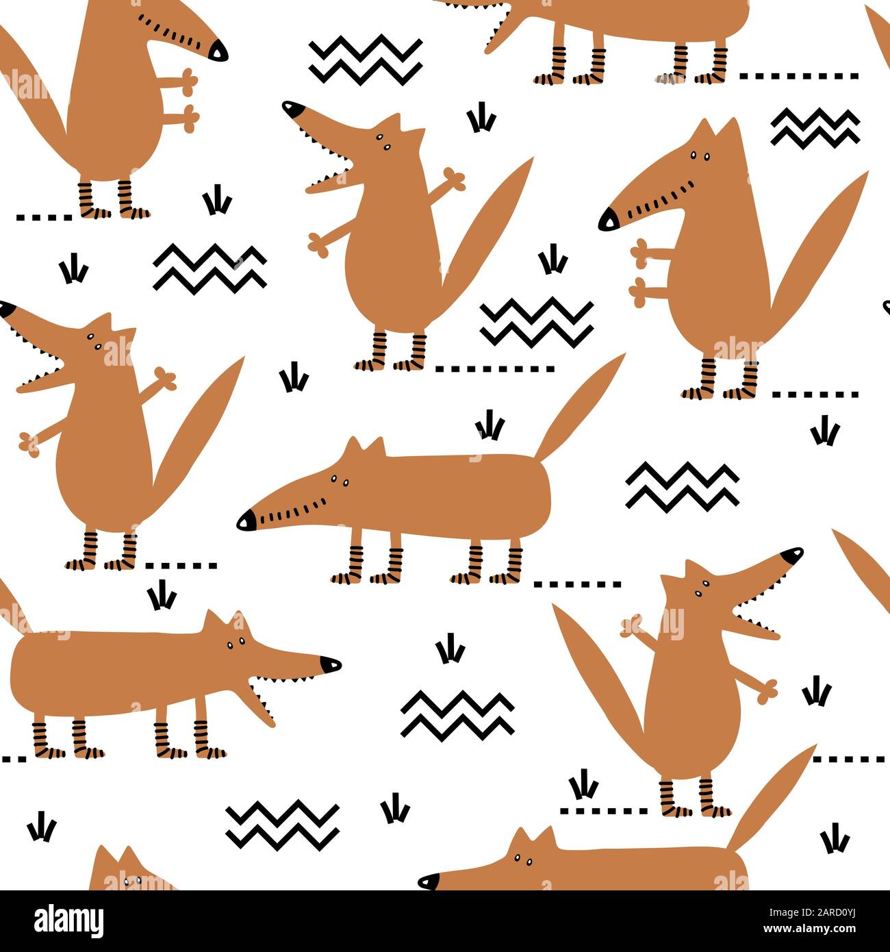 Seamless childish pattern with cute foxes and hand drawn elements. Stock Vector
