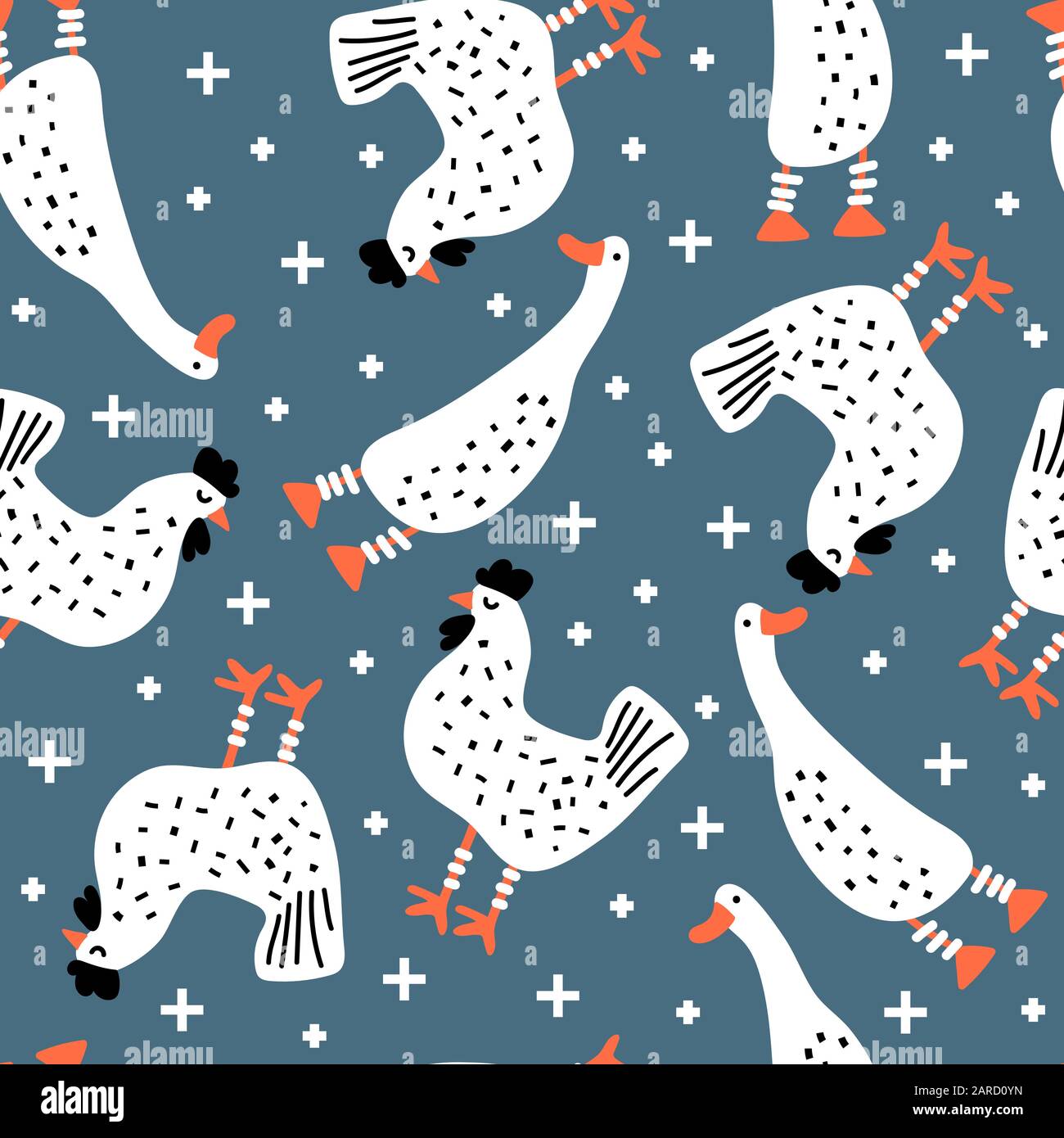 Seamless pattern with cute chickens and geese Stock Vector