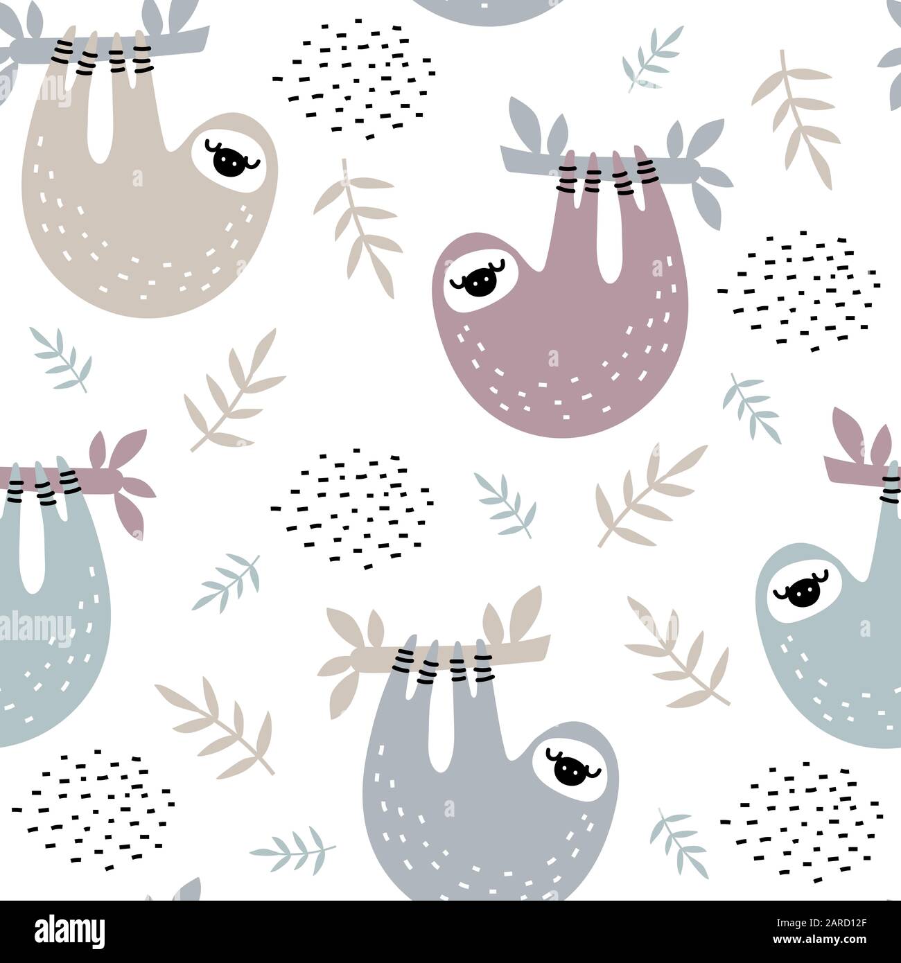 seamless pattern with sloths hanging on bamboo Stock Vector