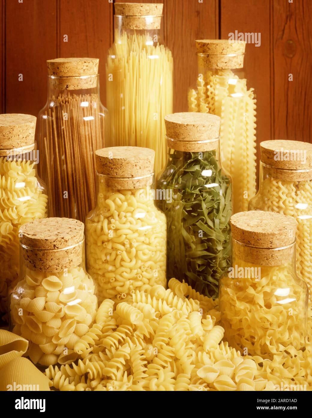 1980s CORK TOP GLASS CONTAINERS FULL OF PASTA MACARONI ELBOWS SPAGHETTI
