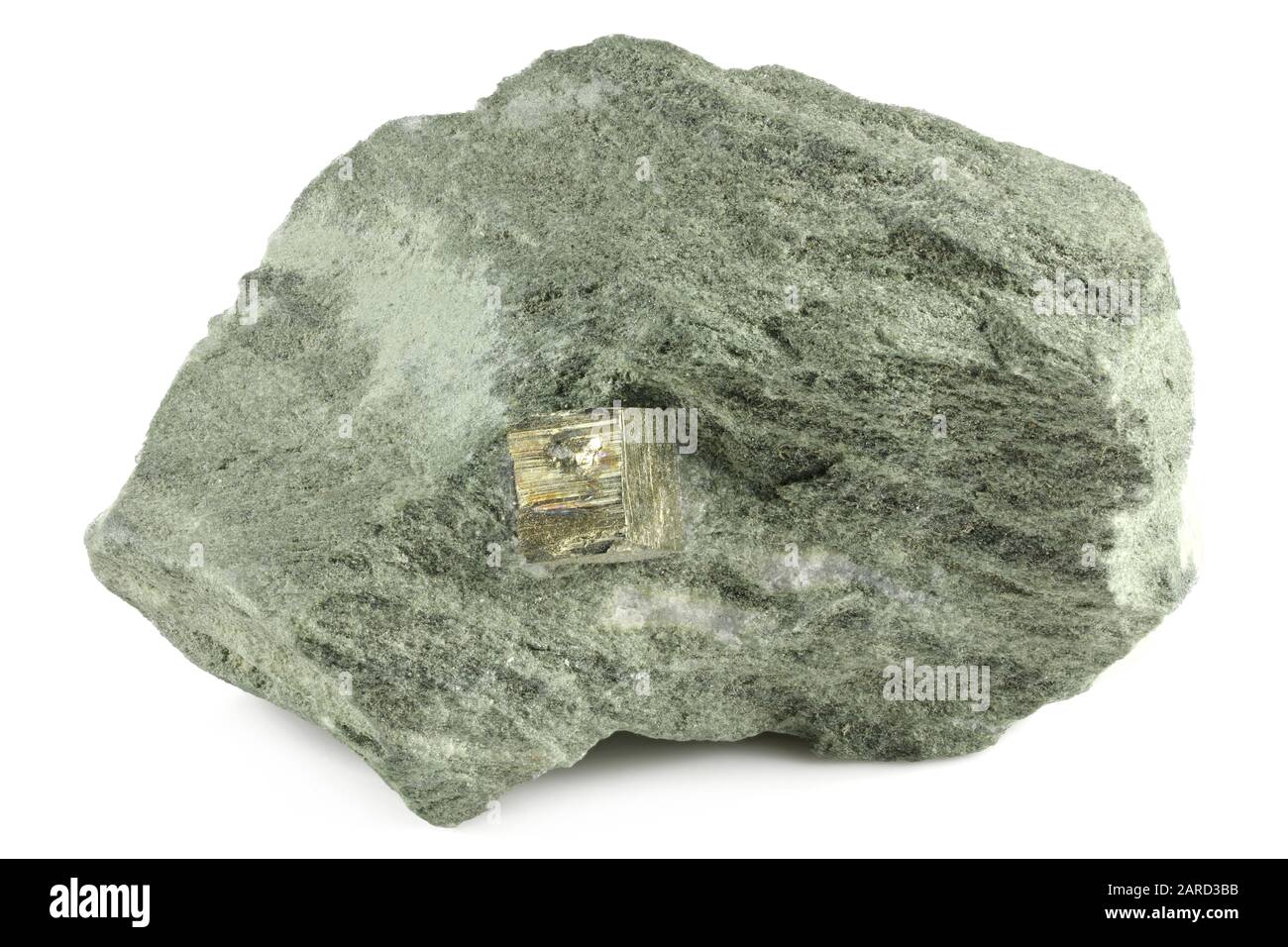 pyrite cubic crystal on bedrock from Rechnitz, Austria isolated on white background Stock Photo