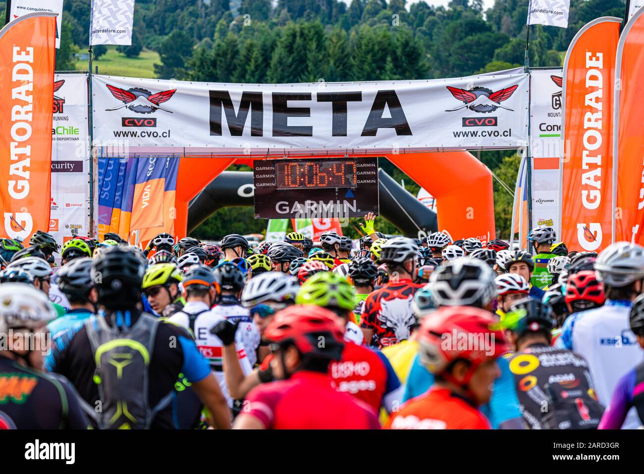 Las Cascadas, Region de Los Lagos / Chile - January 25 2020: Conquest of the Osorno Volcano, cycling test immersed in the Vicente Pérez Rosales Park Stock Photo