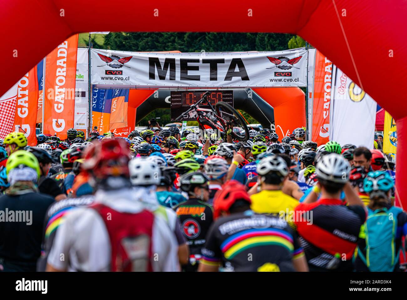 Las Cascadas, Region de Los Lagos / Chile - January 25 2020: Conquest of the Osorno Volcano, cycling test immersed in the Vicente Pérez Rosales Park Stock Photo