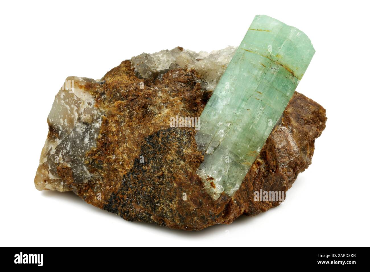 emerald on matrix from Panjshir, Afghanistan isolated on white background Stock Photo