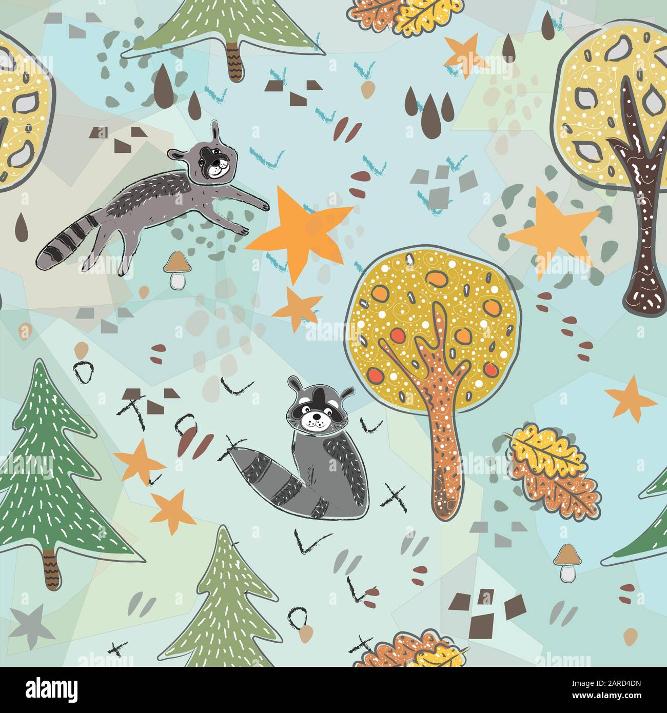Seamless raccoon pattern with cute trees, stars and abstract shapes ...