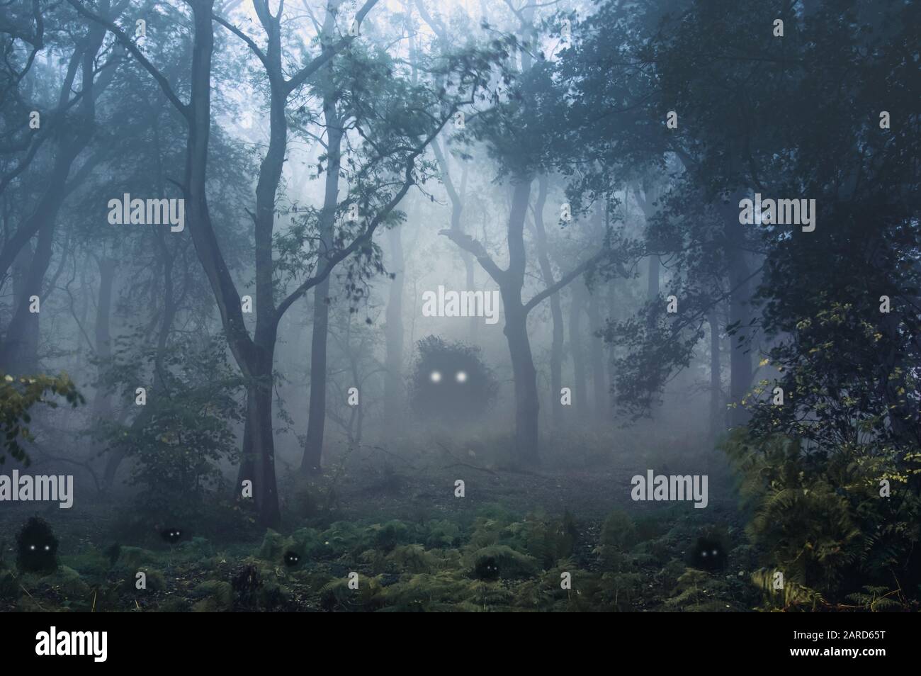 A Creepy Fantasy Forest Of Trees Back Lighted With Spooky Glowing Eyes Of Creatures In The Undergrowth Stock Photo Alamy