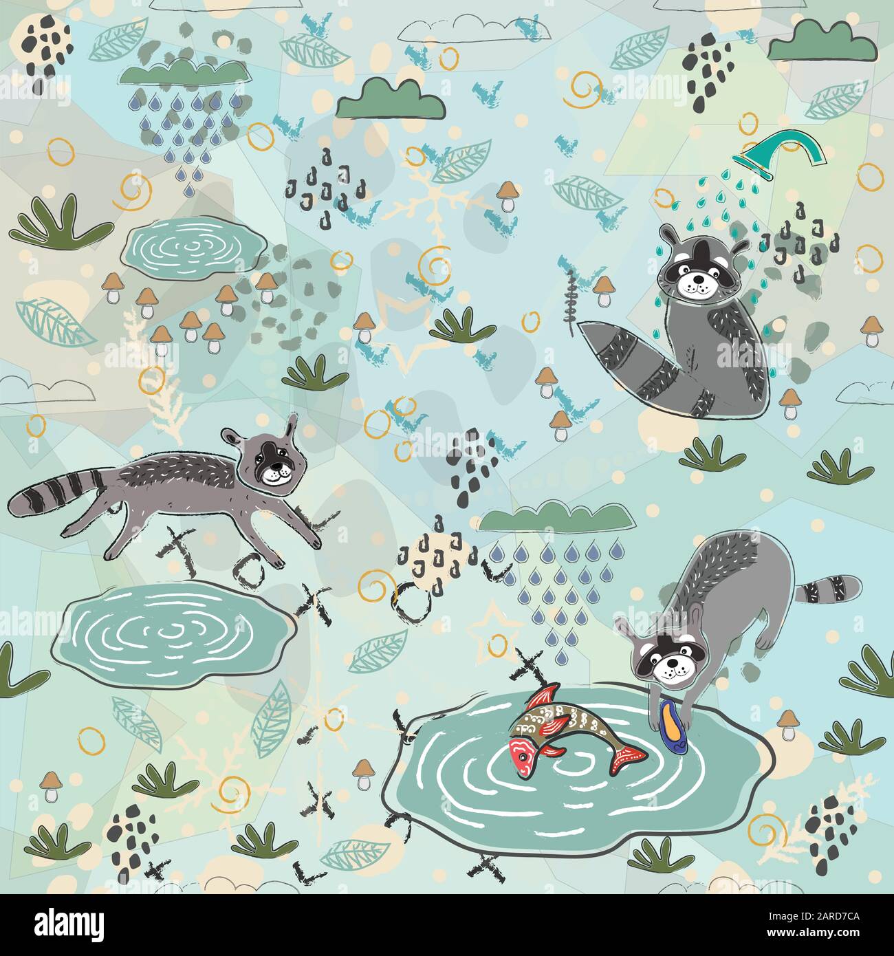 Seamless Pattern with Raccoons in the Forest. Scandinavian Style ...
