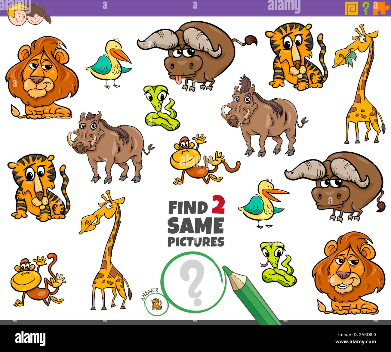 Cartoon Illustration of Finding Two Same Pictures Educational Activity ...