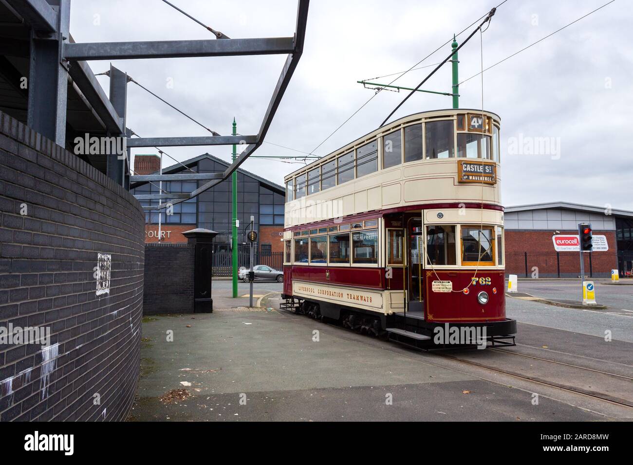 Vintage tram from Wirral transport museum, Egerton Wharf, Birkenhead Stock Photo