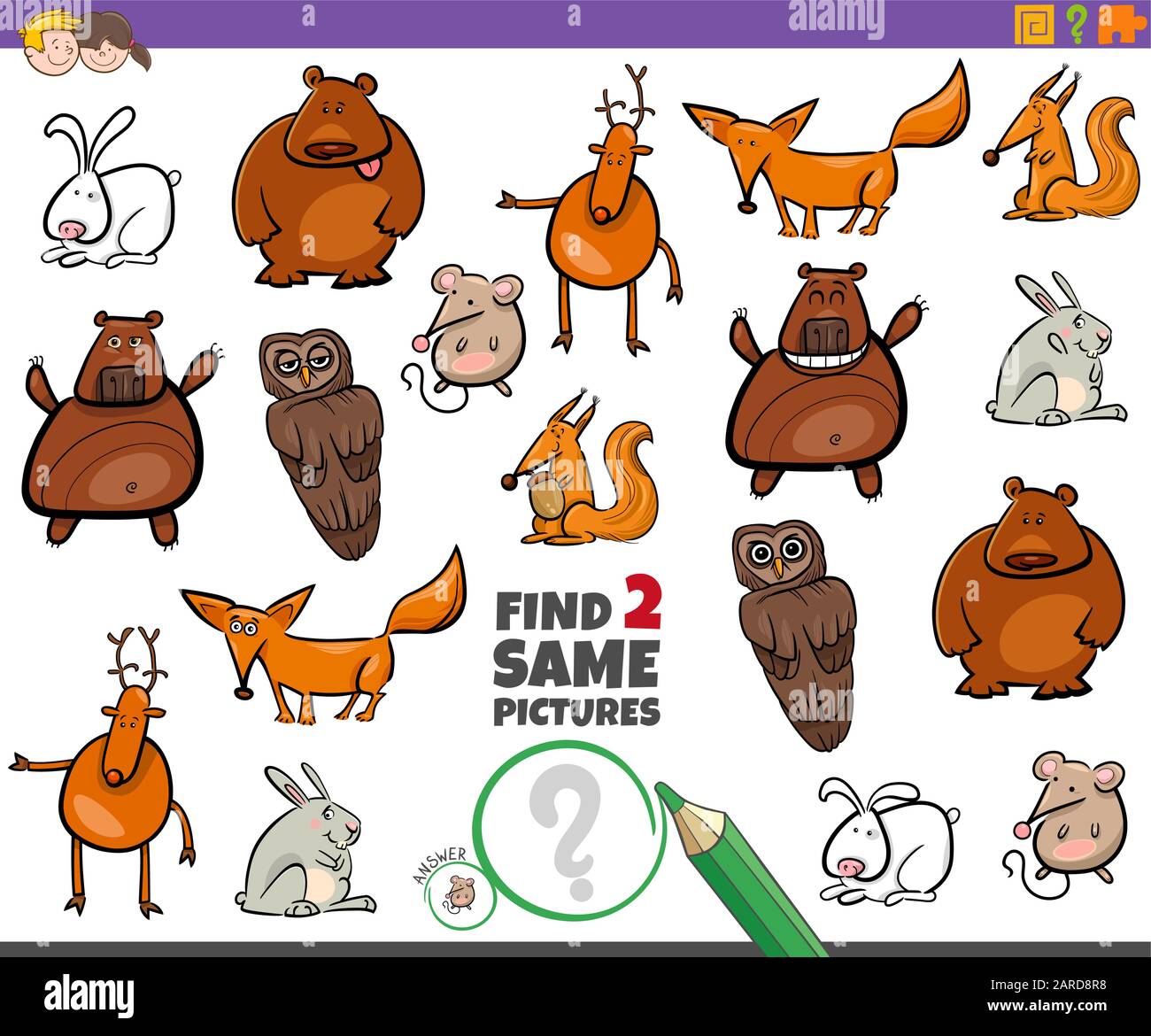 Cartoon Illustration of Finding Two Same Pictures Educational Game for ...
