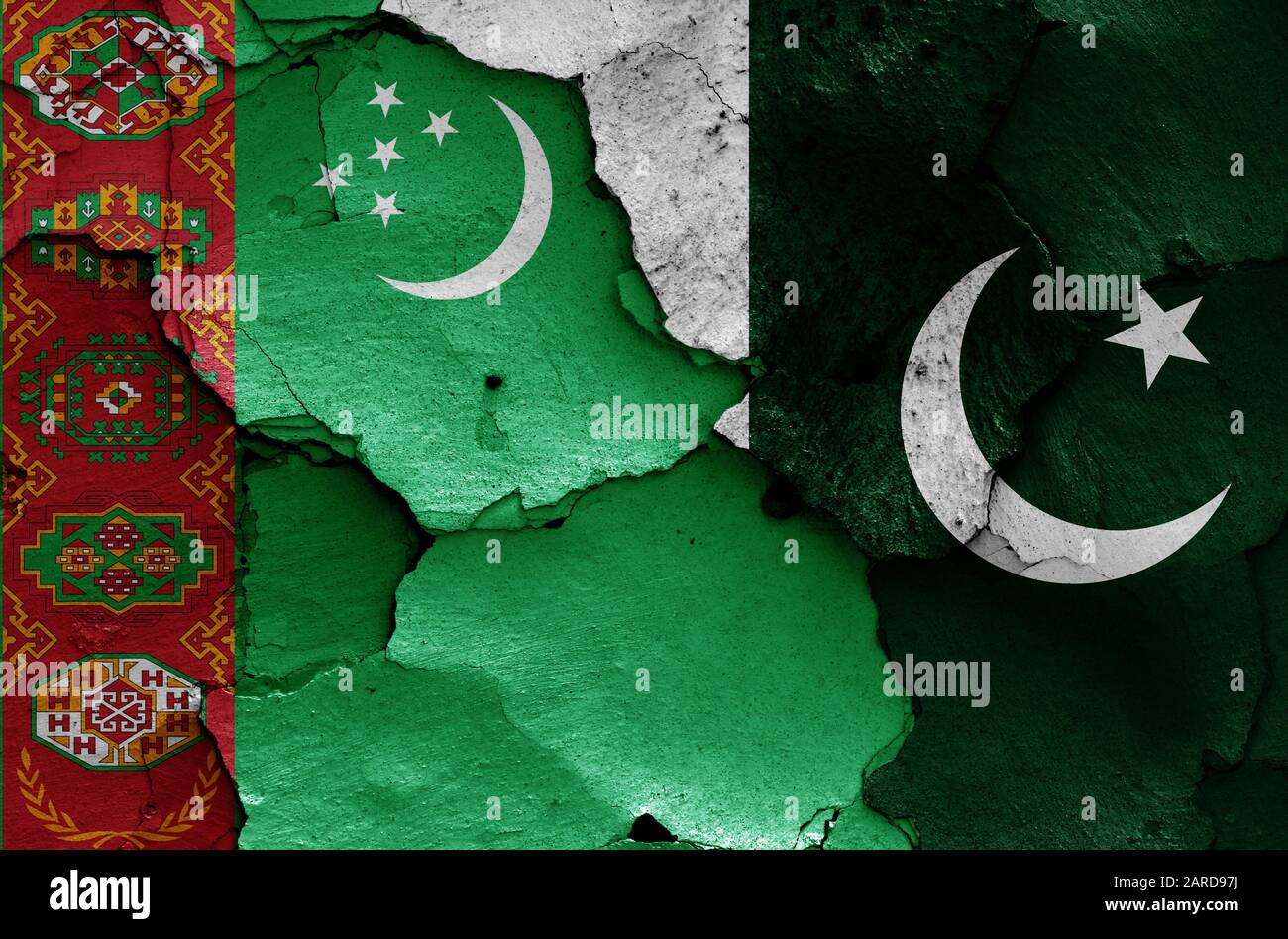 flags of Turkmenistan and Pakistan painted on cracked wall Stock Photo ...