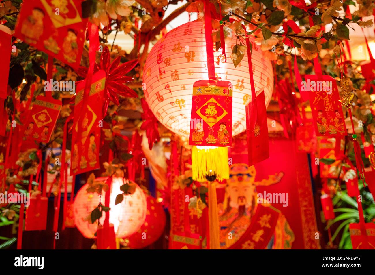 Hanging Chinese decorations during the 2020 Chinese New Year, Stock Photo