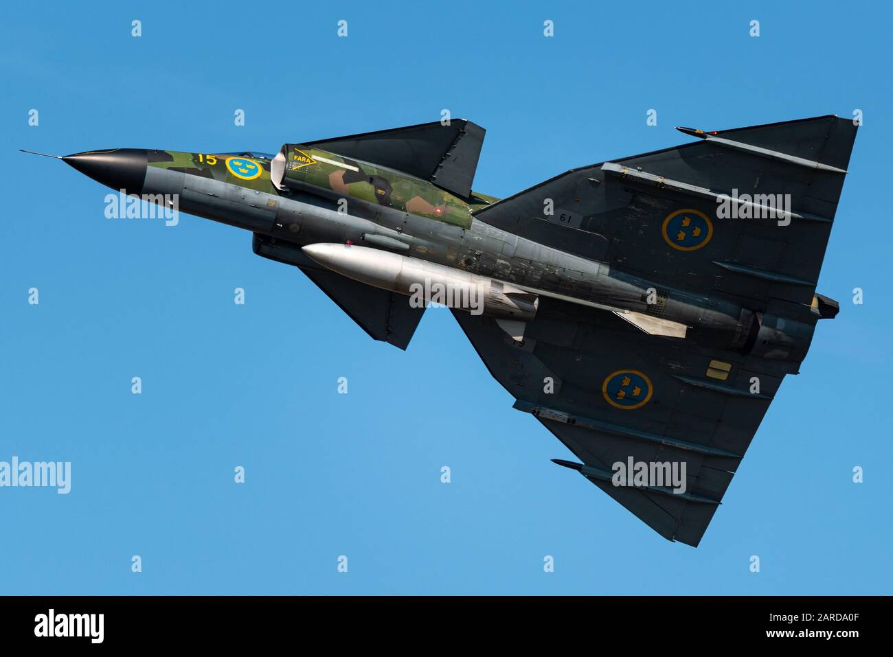 A beautiful Saab 37 Viggen fighter jet of the Swedish Air Force Historic Flight. Stock Photo