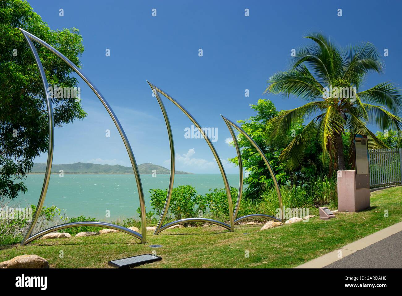 Sculpture titled 'First Contact' depicting ships' sails, part of public art works, Kissing Point, Townsville, Queensland Stock Photo