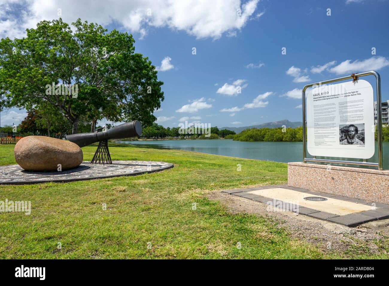 Sculpture to commemorate Eddie Koiko Mabo and the Mabo Decision. Central park on banks of Ross River, Townsville Queensland, Stock Photo