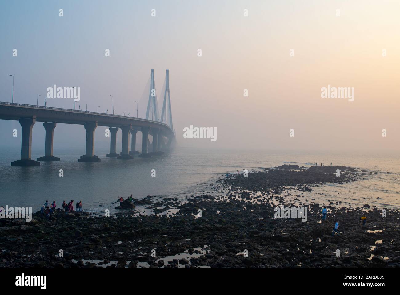 Bandra-Worli sea link at the end of the afternoon with mist, Mumbai, India Stock Photo