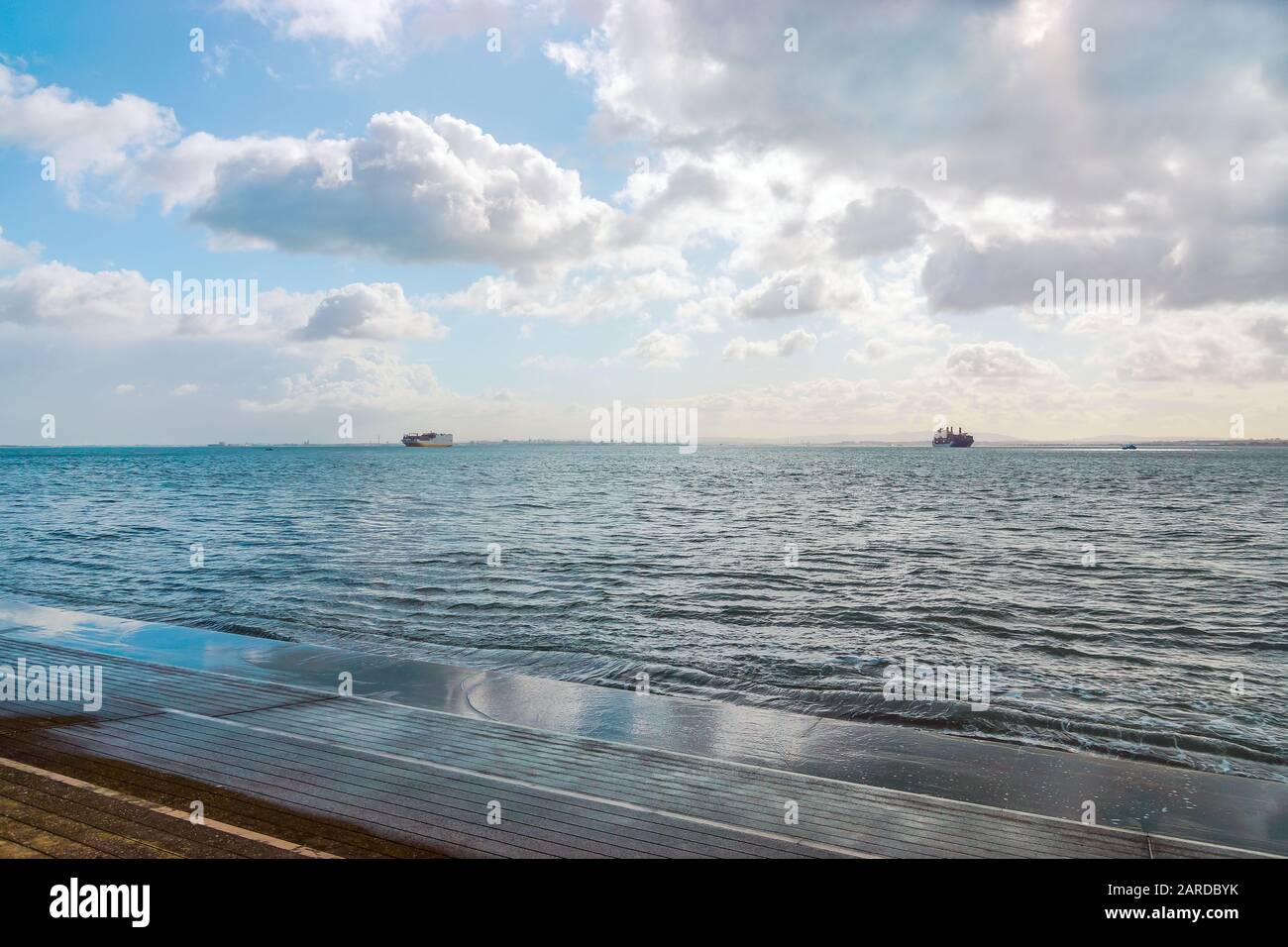 Cargo container Ships arriving into River Tagus Lisbon Port, Portugal ...