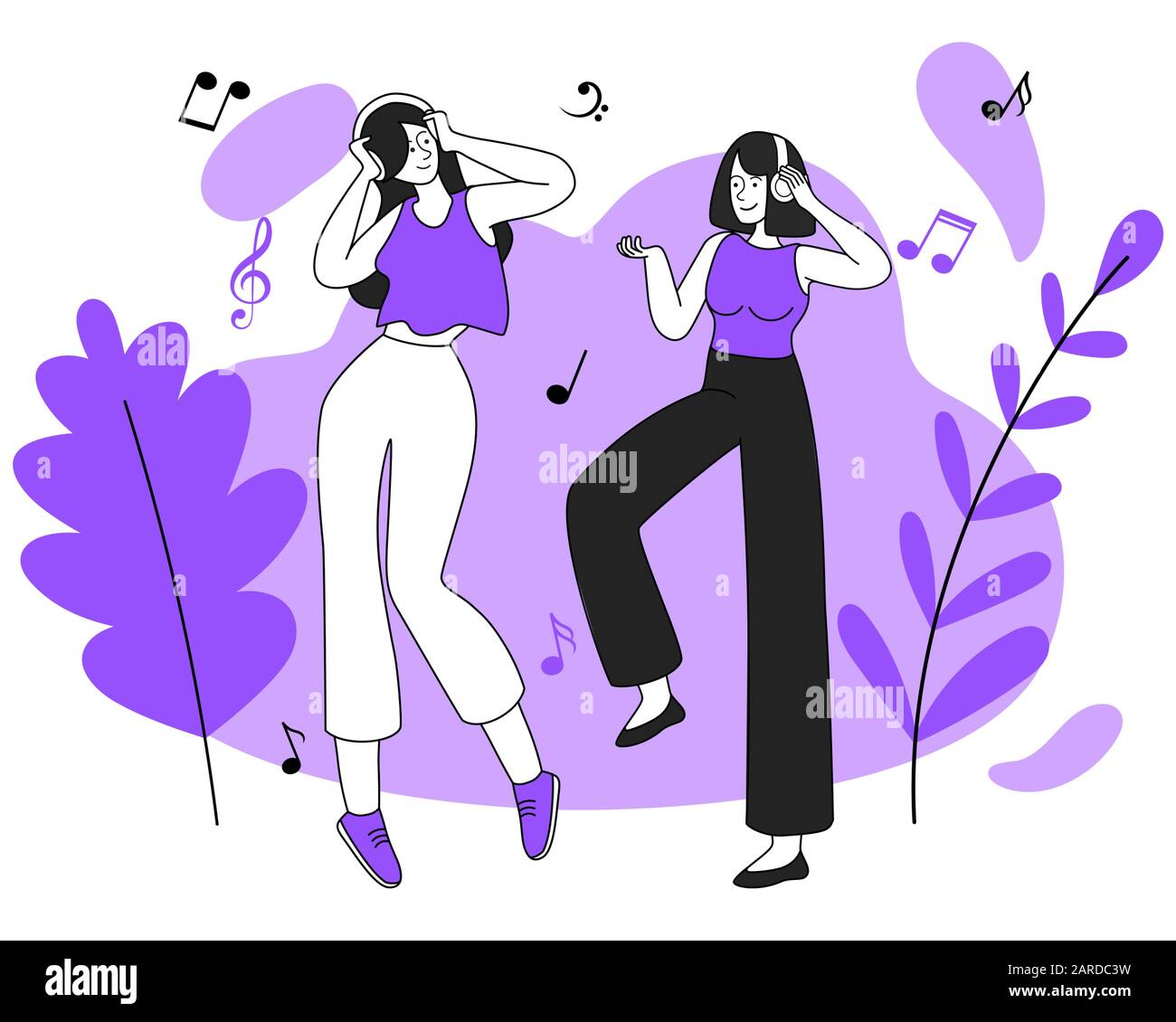 Dancing girls with earphones vector illustration. Rhythmic movements, good mood, relaxation, positive emotions. Smiling women listening to music flat contour characters isolated on white background Stock Vector