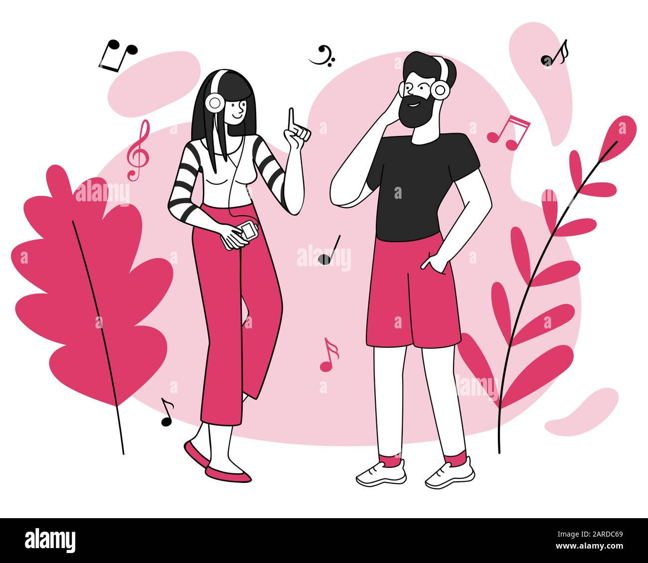 Friends, smiling young couple vector illustration. Pleasure, music enjoyment, good mood. Boy and girl with earphones, man and woman listening to music isolated flat contour characters Stock Vector