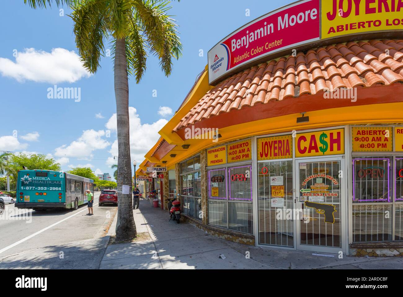Local shops and stores on 8th Street in Little Havana, Miami, Florida