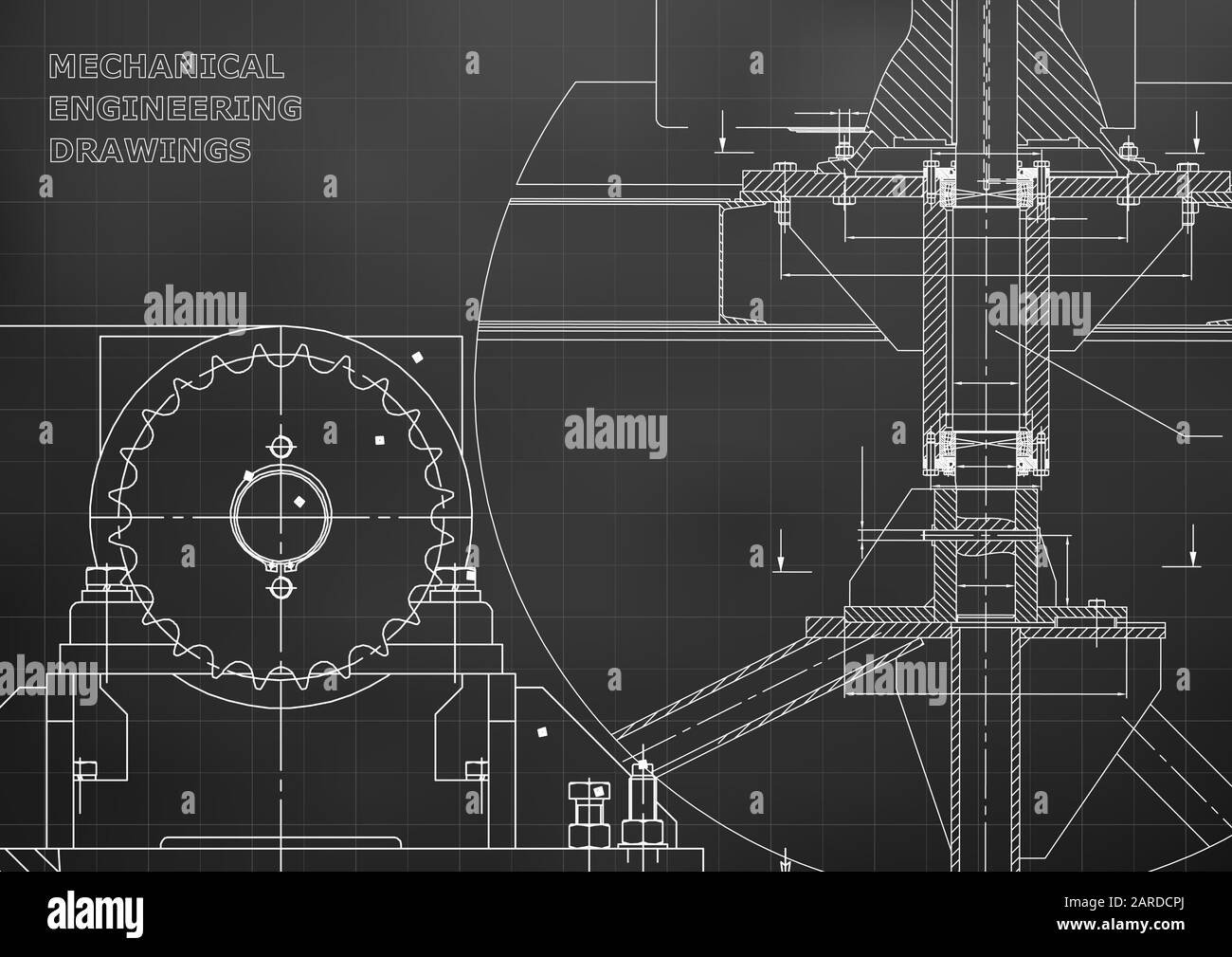 Blueprints. Mechanical construction. Engineering illustrations. Technical Design. Banner. Black. Grid Stock Vector