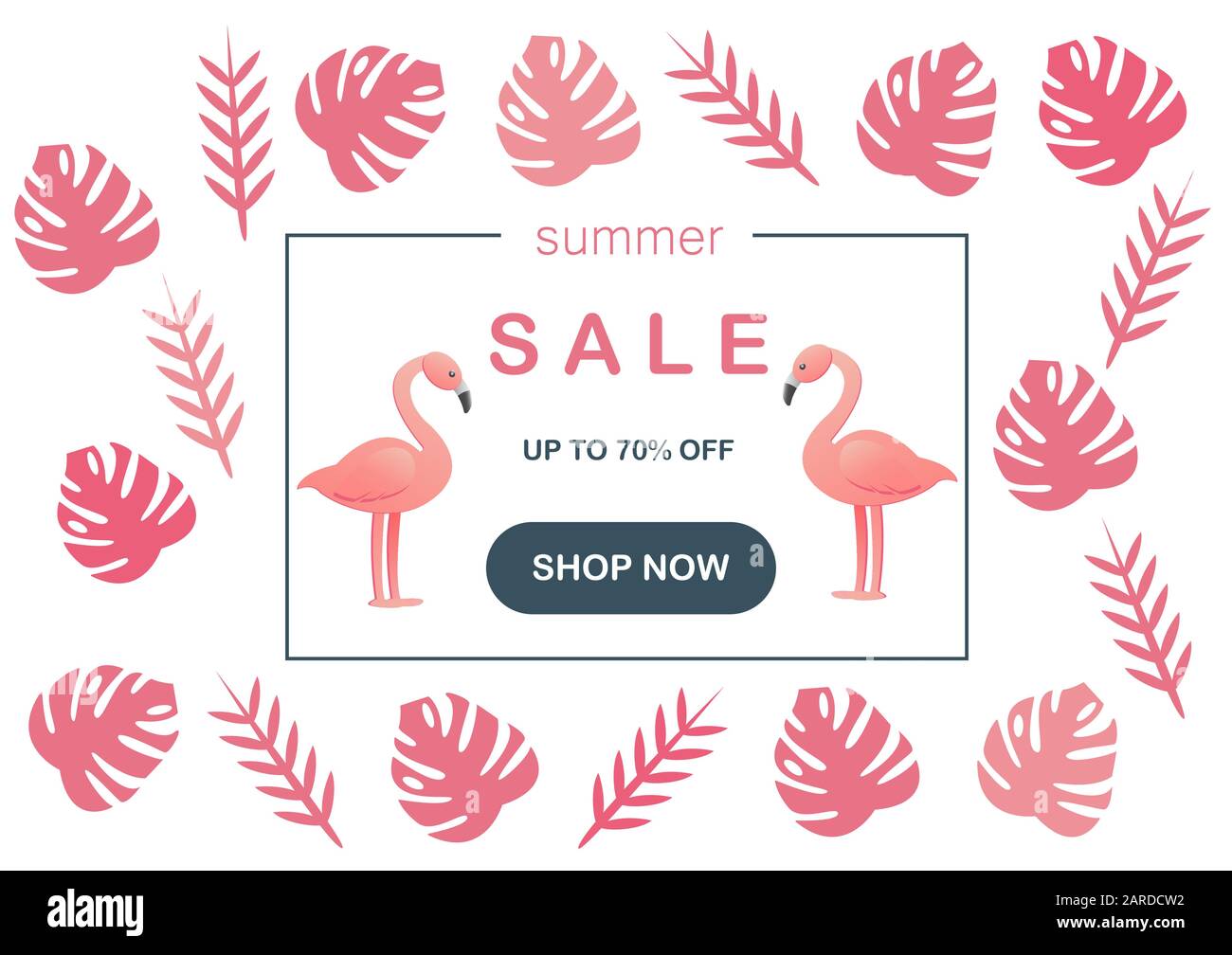 Vector illustration of summer sale. Frame with inscriptions and flamingos on a background of pink trendy color leaves. Stock Vector