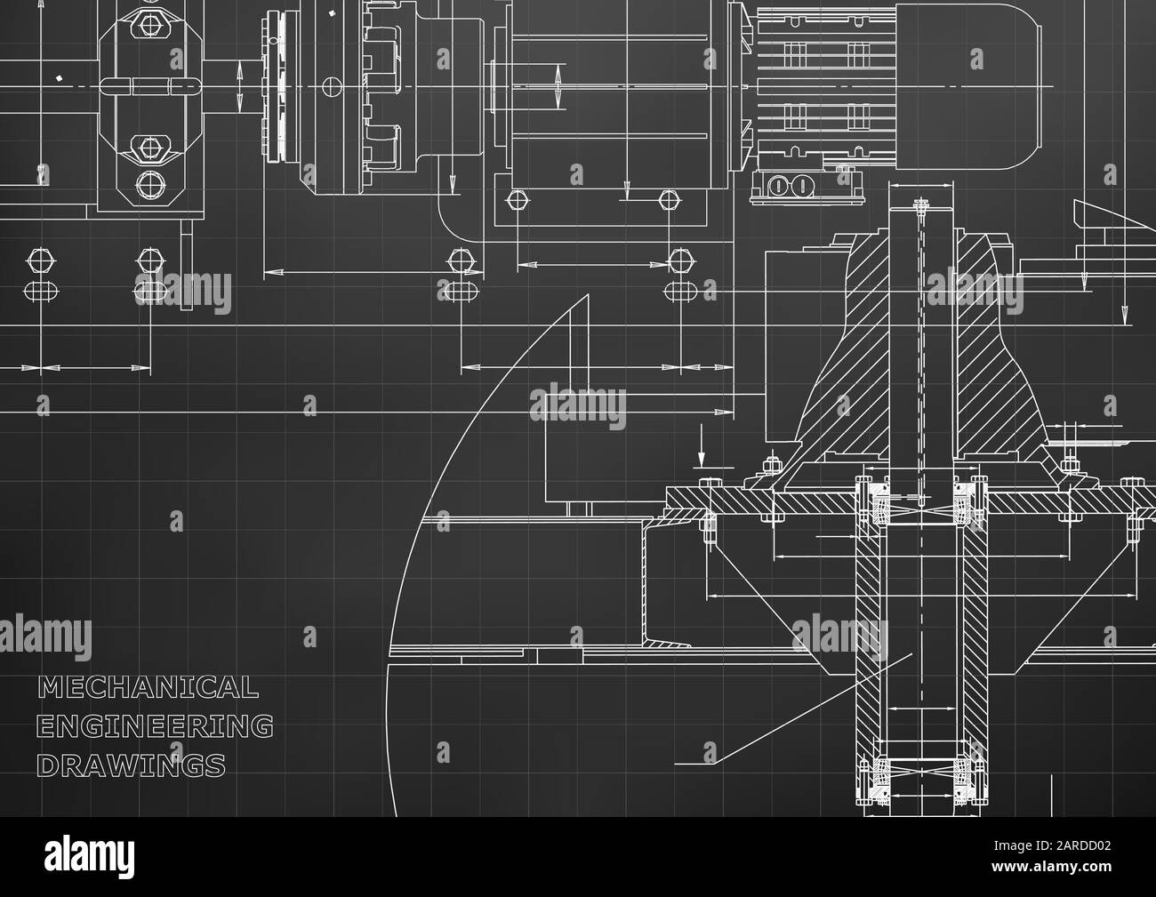 Engineering backgrounds. Mechanical engineering drawings. Technical Design. Blueprints. Black. Grid Stock Vector