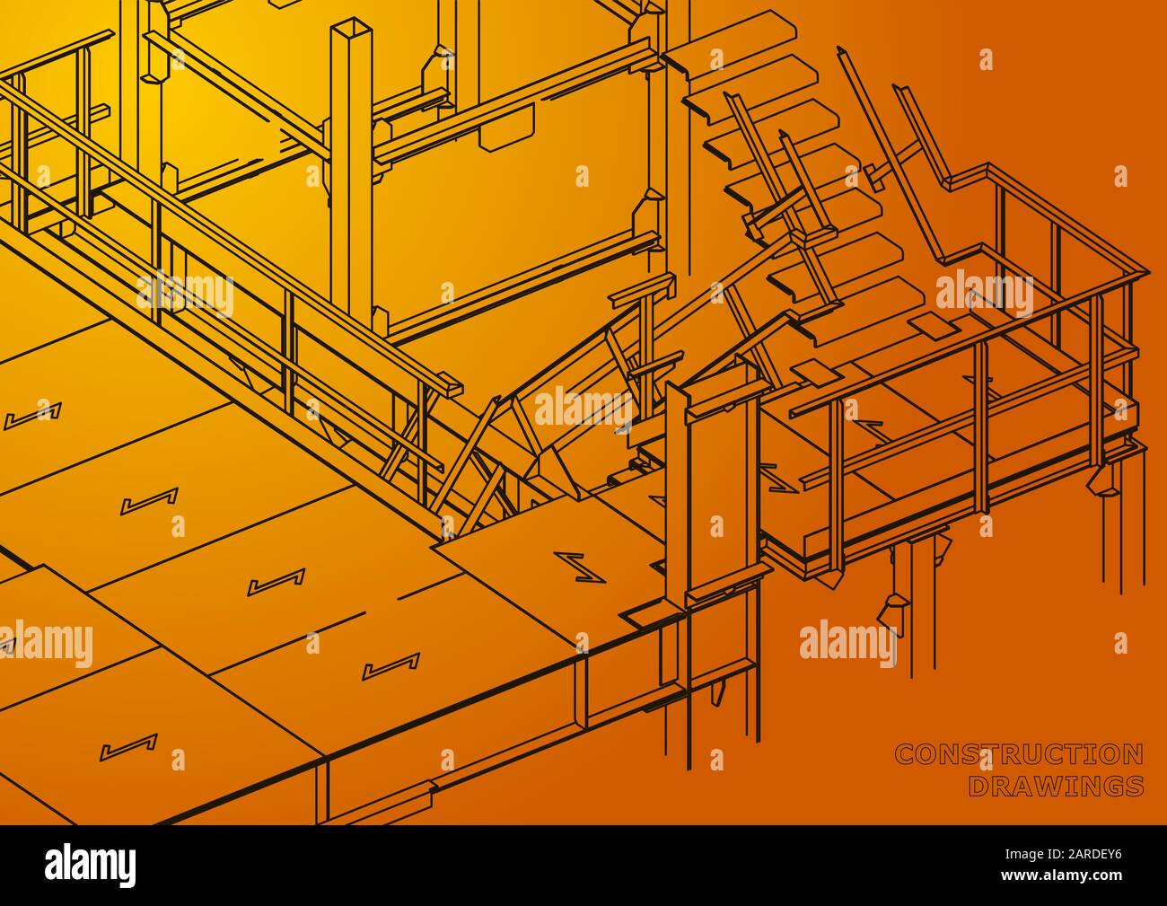 Building. Metal constructions. Volumetric constructions. 3D design. Abstract backgrounds. Orange Stock Vector