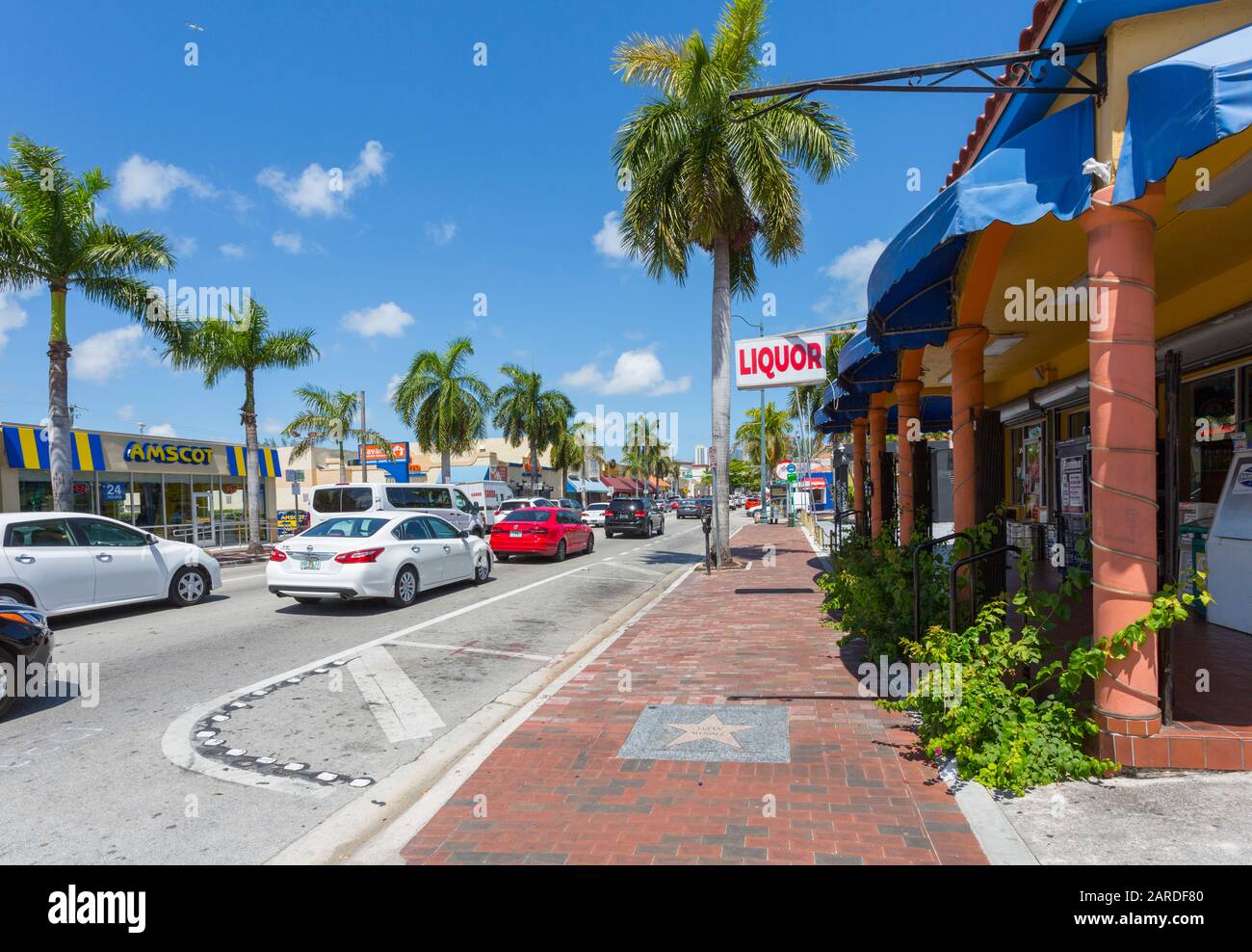 Walk of fame and traffic on 8th Street in Little Havana, Miami, Florida, United States of America, North America Stock Photo