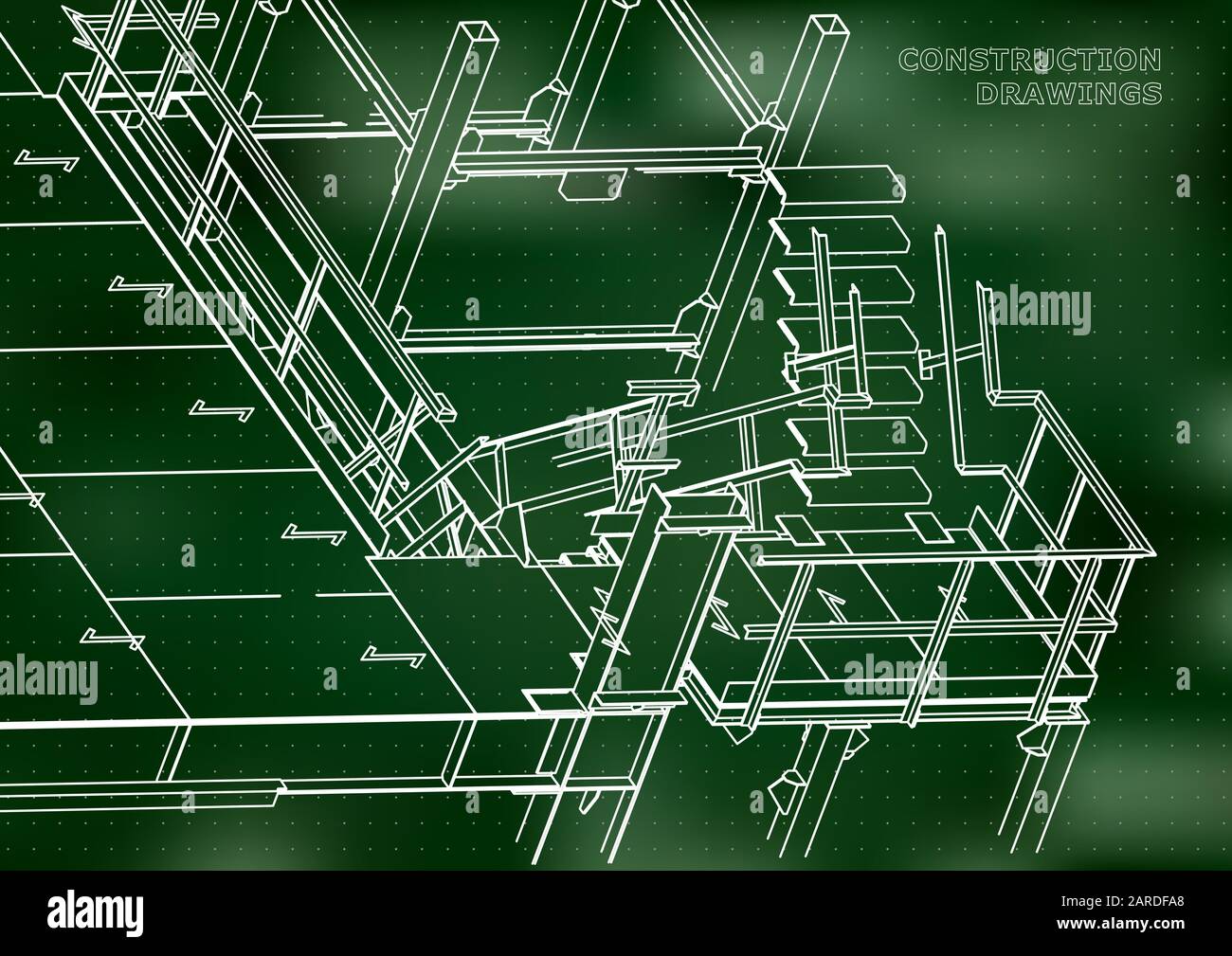 Building. Metal constructions. Volumetric constructions. 3D design. Abstract background. Green. Points Stock Vector