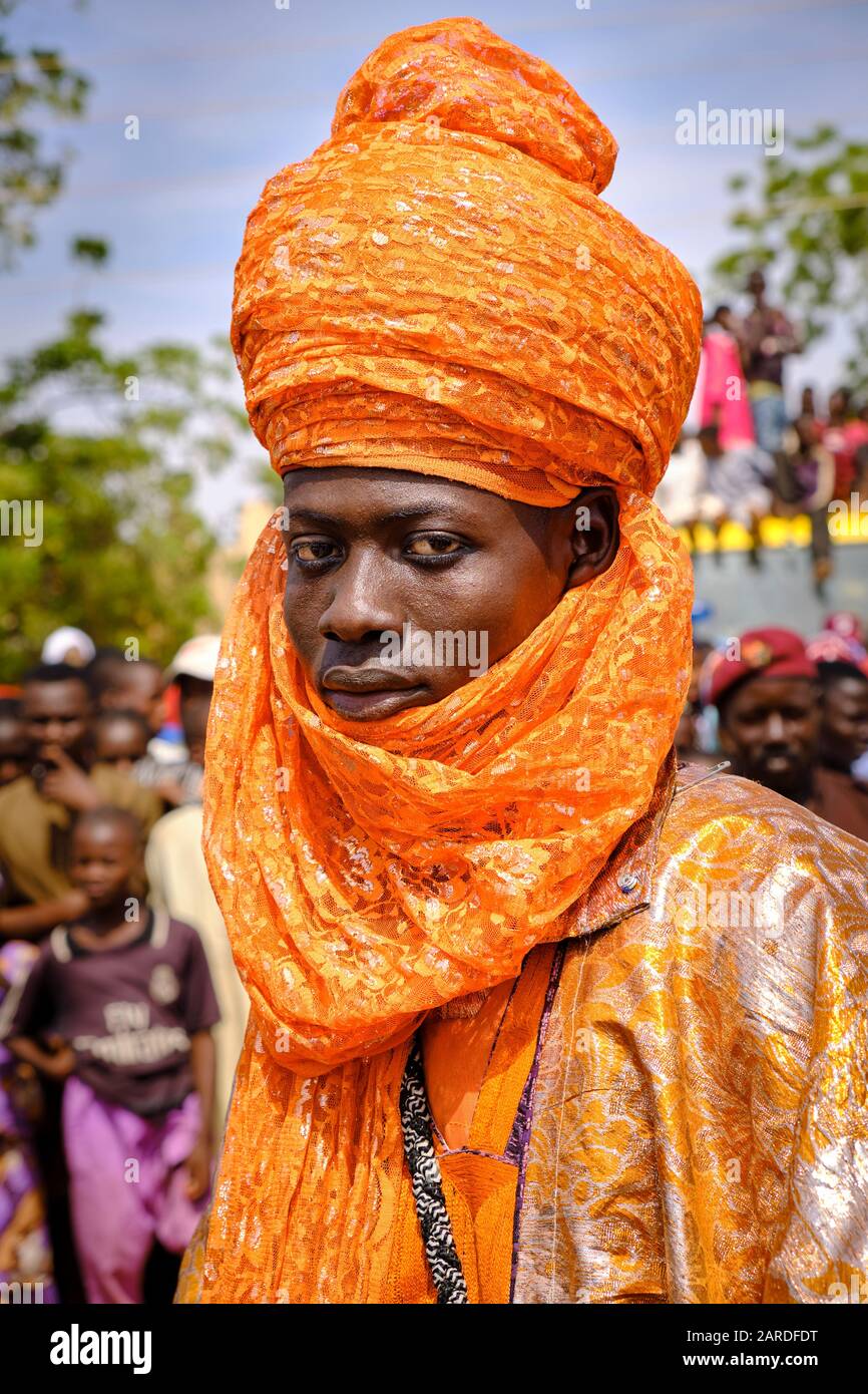 Portrait of a page wearing a colourful turban scorting his master ...