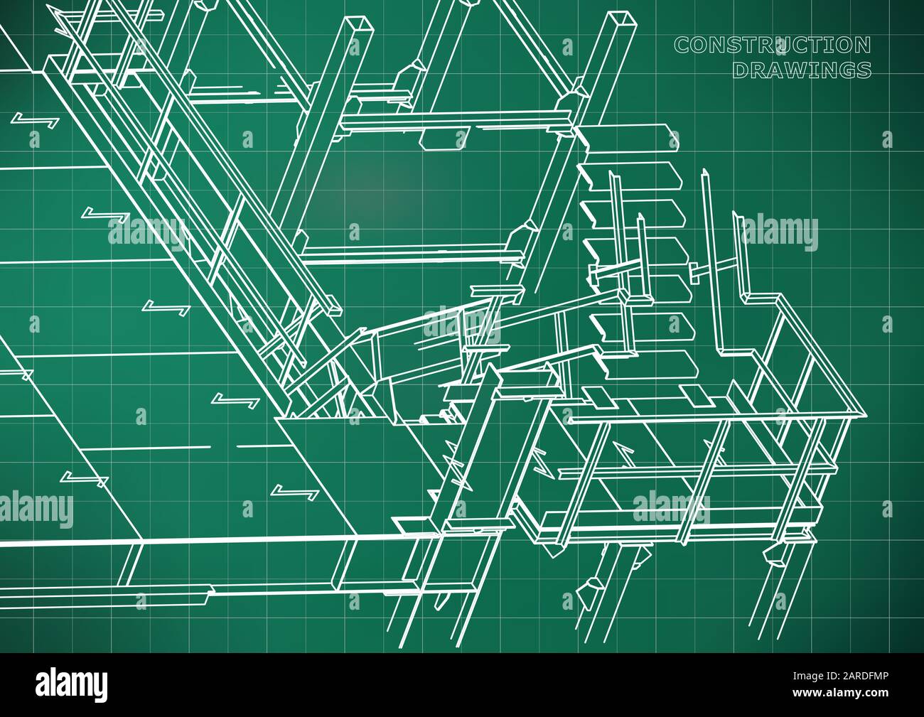 Building. Metal constructions. Volumetric constructions. 3D design. Abstract background. Light green. Grid Stock Vector
